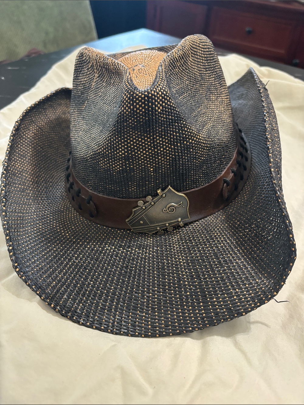 Men's Woven Straw Cowboy Hat with Brown Leather Band